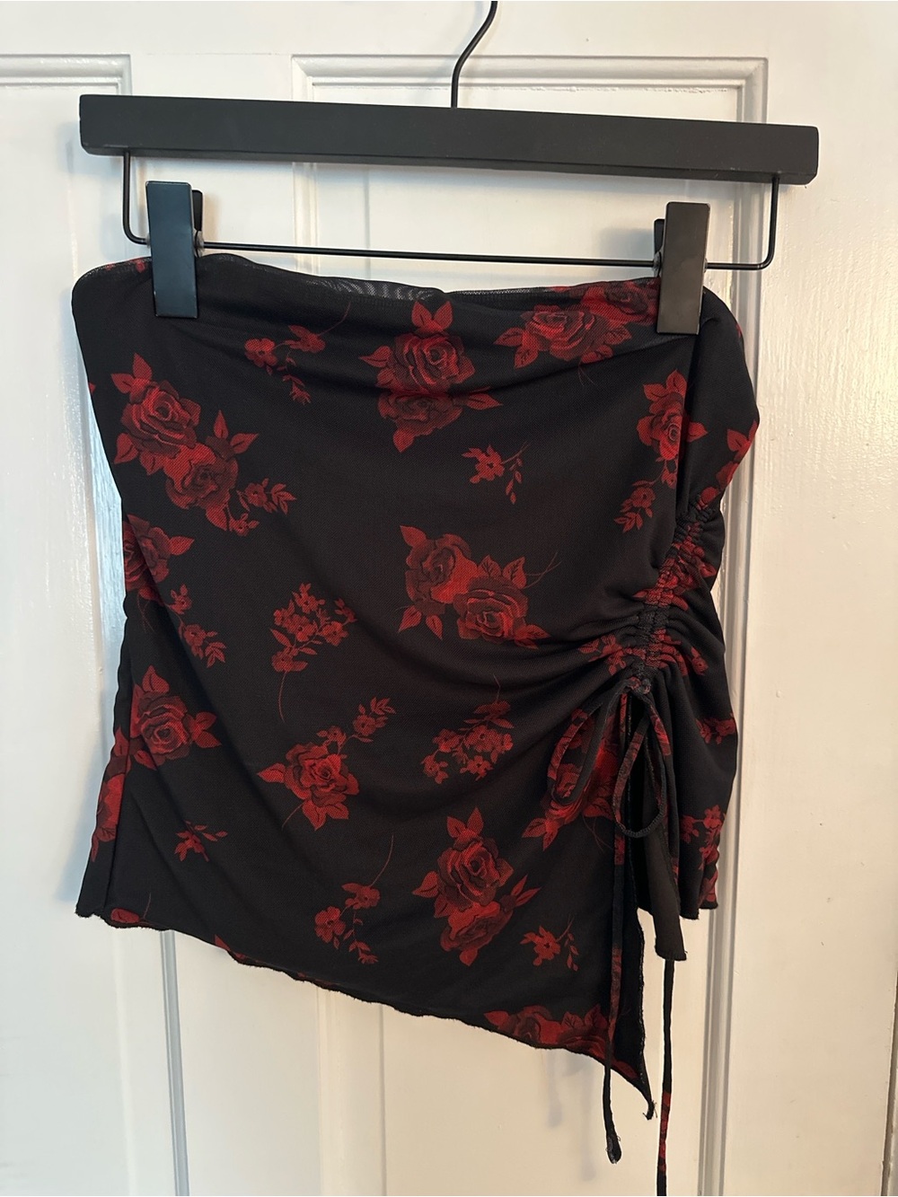 Garage Asymmetrical top Black with Red Rose Print and Side Tie